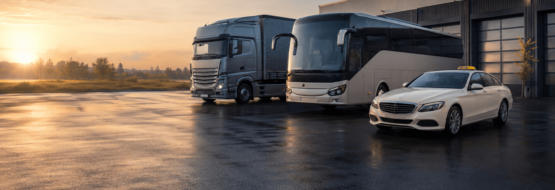 Lkw, Reisebus und Taxi vor einem Betriebshof