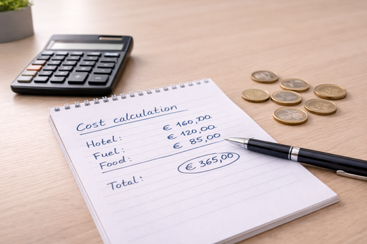 Taschenrechner neben handschriftlicher Kostenberechnung – Symbolbild Fahrzeugkostenrechnung Taxi Mietwagen