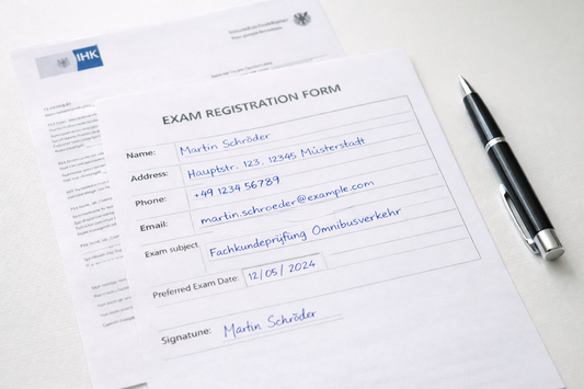 IHK Fachkundeprüfung Omnibus – Anmeldeformular, Prüfungsunterlagen und Stift auf dem Schreibtisch