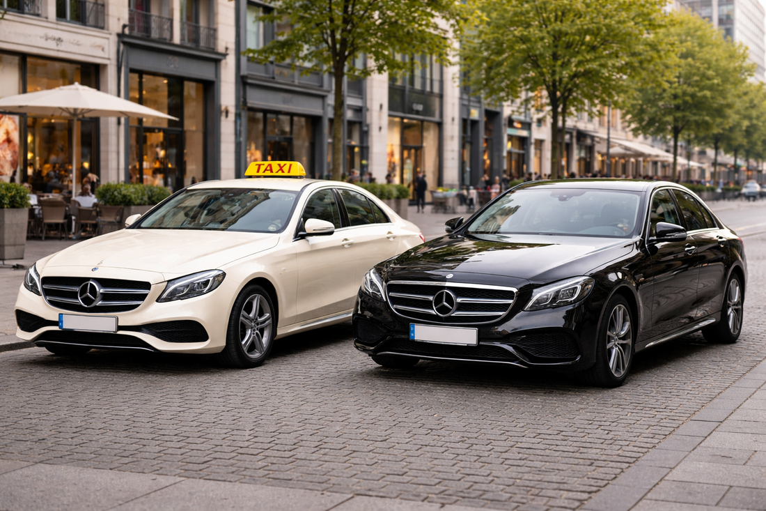 Taxi und Mietwagen in deutscher Stadt – Symbolbild IHK Fachkundeprüfung Taxi und Mietwagen