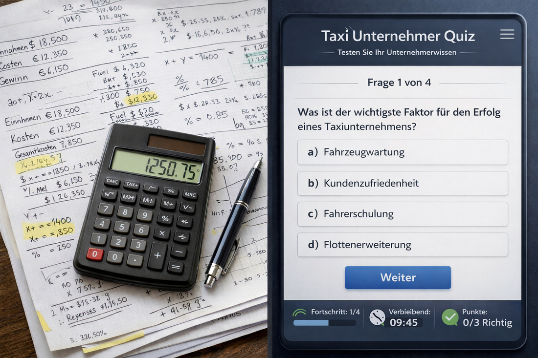 Prüfungsbogen mit Multiple-Choice-Fragen und Taschenrechner – Symbolbild IHK Prüfungsfragen Taxi Mietwagen
