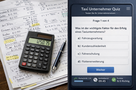Prüfungsbogen mit Multiple-Choice-Fragen und Taschenrechner – Symbolbild IHK Prüfungsfragen Taxi Mietwagen
