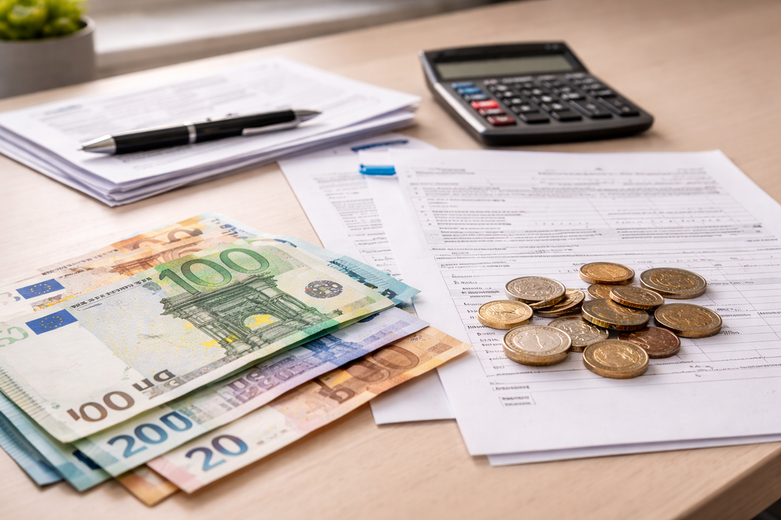 Euro-Geldscheine und Taschenrechner auf Schreibtisch – Symbolbild Kosten IHK Fachkundeprüfung Güterkraftverkehr