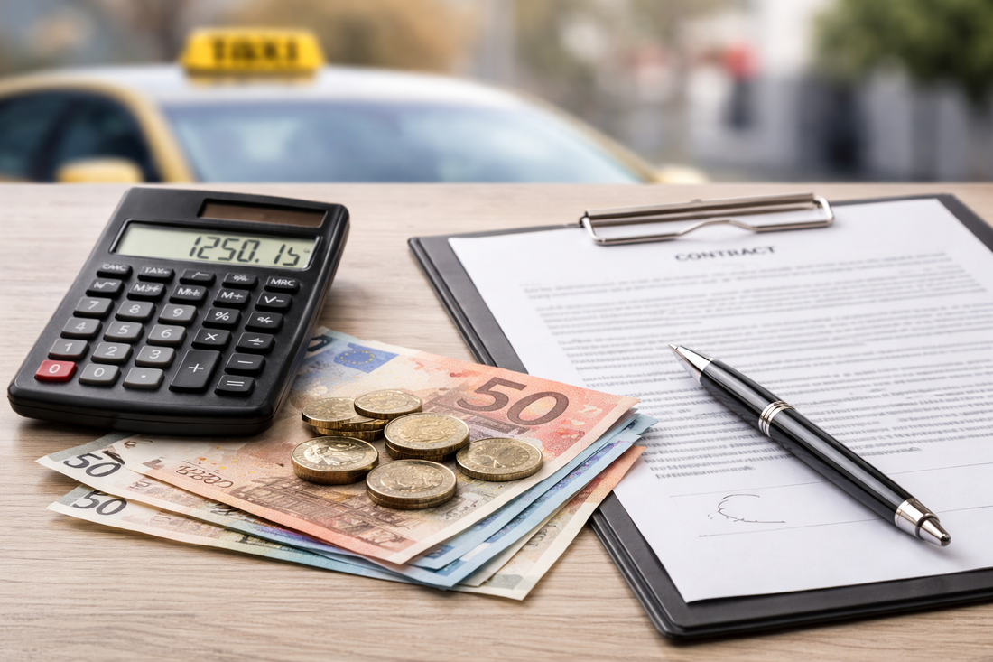 Euro-Geldscheine neben Taschenrechner und Taxi-Schild – Symbolbild Kosten Fachkundeprüfung Taxi Mietwagen