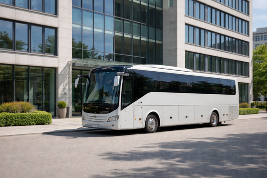 Omnibusunternehmer werden – Reisebus vor Firmensitz als Symbol für den Weg zur EU-Gemeinschaftslizenz