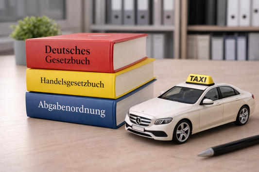 Deutsche Gesetzbücher neben Taxi-Modell – Symbolbild Personenbeförderungsrecht PBefG