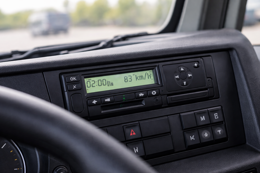 Digitaler Tachograph in LKW-Kabine – Symbolbild Sozialvorschriften und Lenkzeiten Güterverkehr