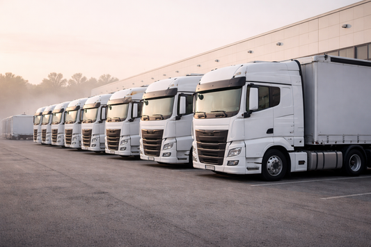 LKW-Flotte an Logistikterminal – Symbolbild Transportunternehmen gründen
