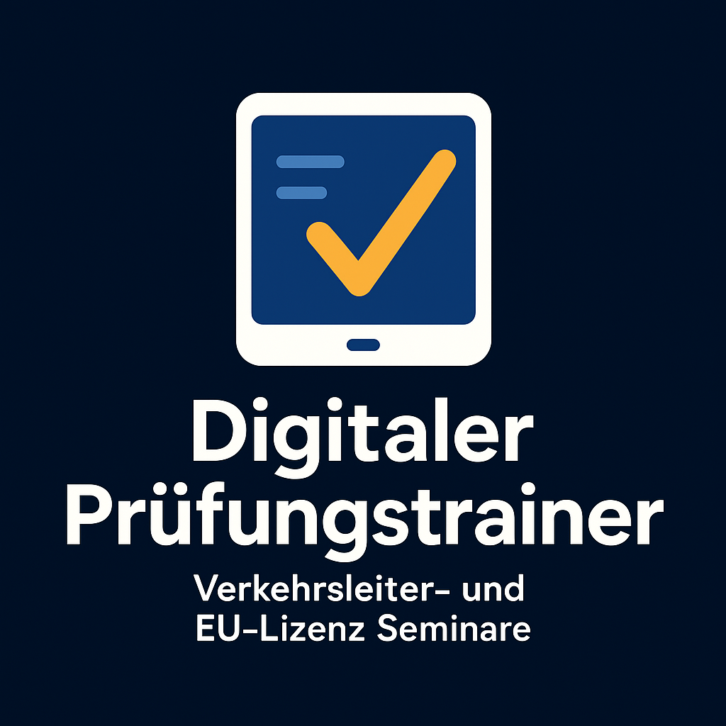 Logo des Digitalen Prüfungstrainers – stilisiertes Tablet mit gelbem Haken und Schriftzug ‘Digitaler Prüfungstrainer, Verkehrsleiter‑ und EU‑Lizenz Seminare’