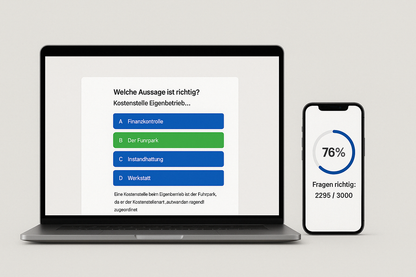 Digitaler Prüfungstrainer für Taxi‑/Mietwagen, Omnibus & Güterkraft: 3 000+ prüfungsnahe Fragen, Lösungen, IHK‑Simulation – ab 30 € online lernen.
